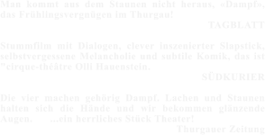 Man kommt aus dem Staunen nicht heraus, Dampf, das Frhlingsvergngen im Thurgau! TAGBLATT   Stummfilm mit Dialogen, clever inszenierter Slapstick, selbstvergessene Melancholie und subtile Komik, das ist "cirque-thtre Olli Hauenstein.                   SDKURIER  Die vier machen gehrig Dampf. Lachen und Staunen halten sich die Hnde und wir bekommen glnzende Augen.      ...ein herrliches Stck Theater!    Thurgauer Zeitung